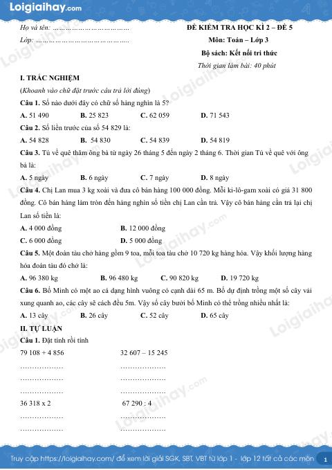 Đề kiểm tra học kì 2 Toán 3 Kết nối tri thức - Đề số 5